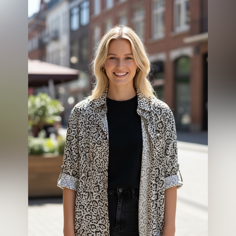 Solumbra - XXS- SPF Shirt Brown and Cream Animal Print Top Button Up Sun ☀️